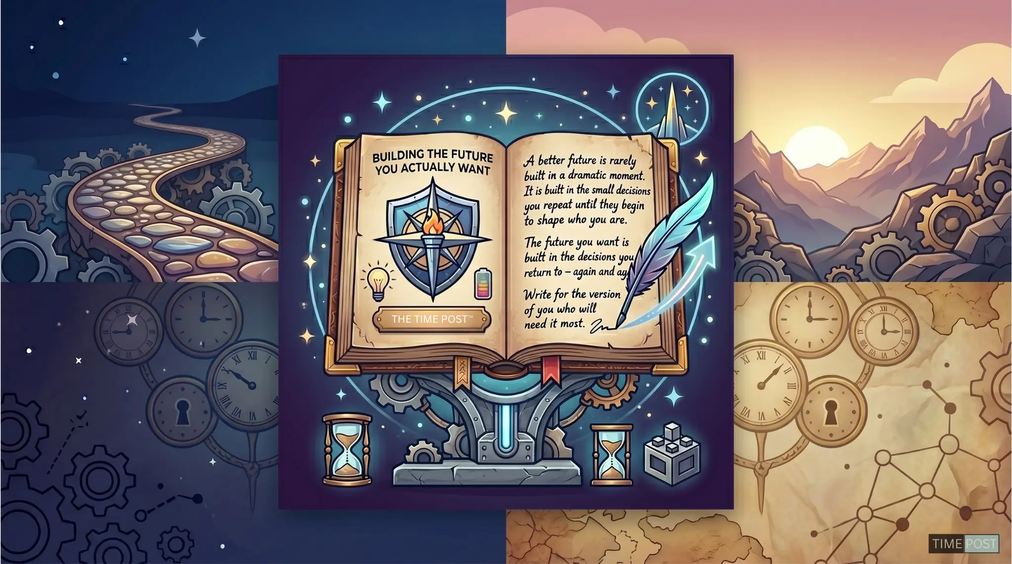 Abstract editorial illustration about building the future through small choices